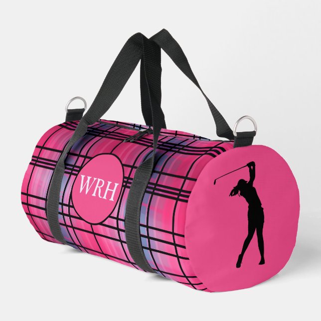 Golfer Monogramed "Hot Pink" Plaid Duffel Bag (Left Corner)