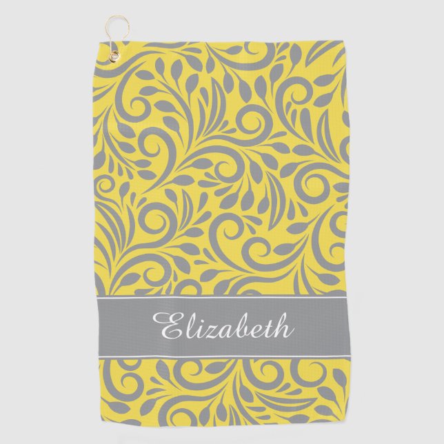 Golfer | Monogrammed Abstract Floral Yellow Grey Golf Towel (Front)