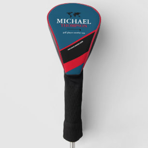 golfer name on stylish blue and red golf head cover