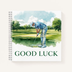 Golfer on fairway with text Good Luck Notebook