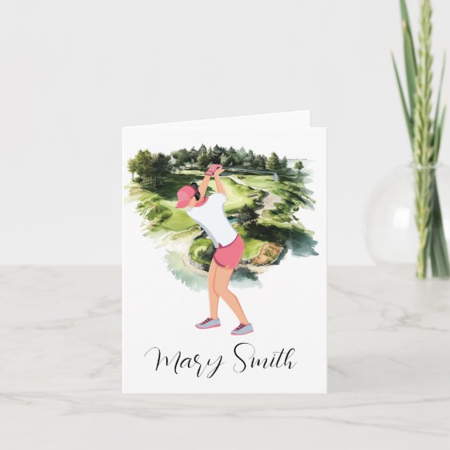 Golfer on golf course with Name gifts for golfer Note Card (Front)