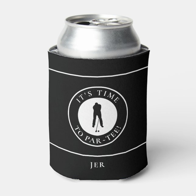 Golfer Par-Tee Time Golf Funny Monogrammed Black Can Cooler (Can Front)