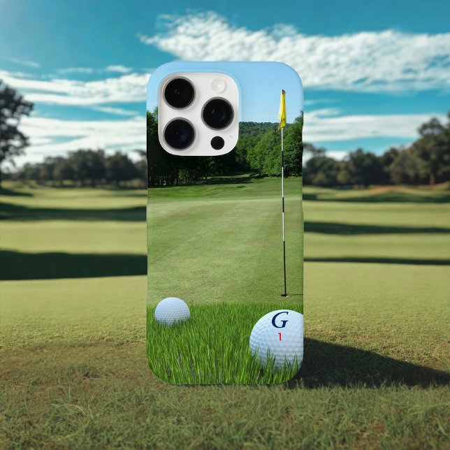 Golfer Photo Golf Ball Monogrammed Green  Case-Mate iPhone Case (Just add your favorite fairway photo and initial/number to this golf themed phone case.)