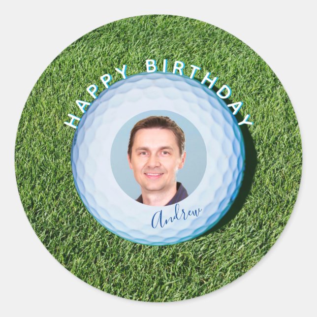Golfer Photo Signed Golf Ball Birthday Classic Round Sticker (Front)