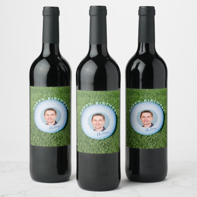 Golfer Photo Signed Golf Ball Birthday Wine Label (Bottles)