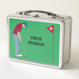 Golfer Putting Ball Themed Green Metal Lunch Box