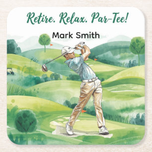 Golfer retirement par tee party golfing on course square paper coaster