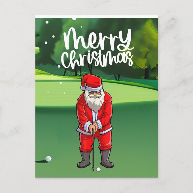 Golfer Santa Claus golfing on green on Christmas Postcard (Front)