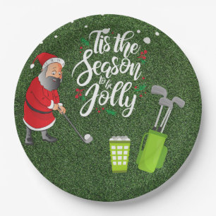 Golfer Santa Claus is golfing under snow Christmas Paper Plate