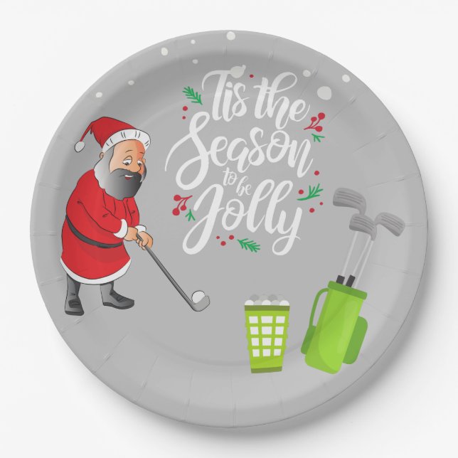 Golfer Santa Claus is golfing under snow Christmas Paper Plate (Front)
