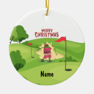 Golfer Santa Claus with Golf Cart for  Christmas   Ceramic Ornament