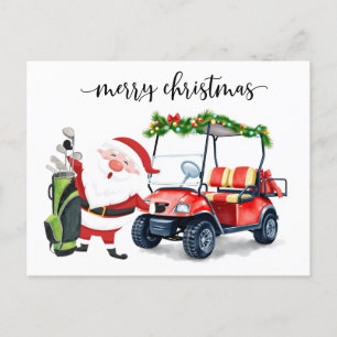 Golfer Santa Claus with golf cart for Christmas Holiday Postcard