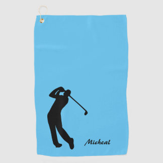 Golfer Silhouette Black Blue Monogram Golf Towel