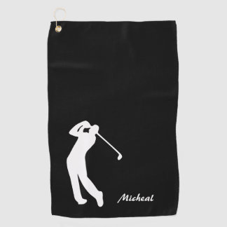 Golfer Silhouette Black White Monogram Golf Towel