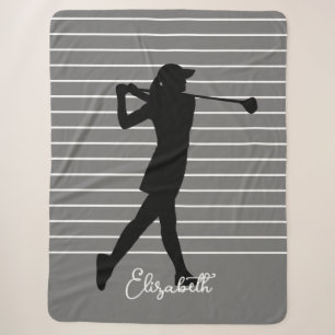 Golfer Silhouette Female Monogram Name Black Grey  Sherpa Blanket