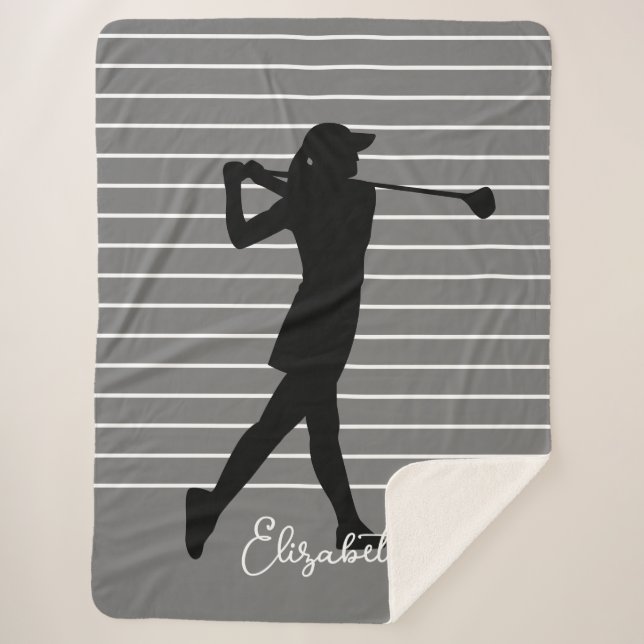 Golfer Silhouette Female Monogram Name Black Grey  Sherpa Blanket (Front)