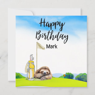 Golfer sloth is golfing on green birthday  card