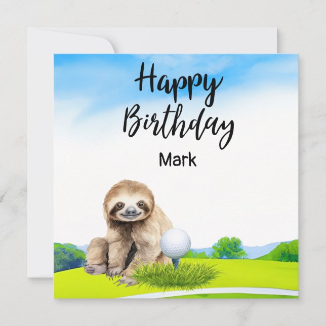 Golfer sloth is golfing on green birthday  card (Front)