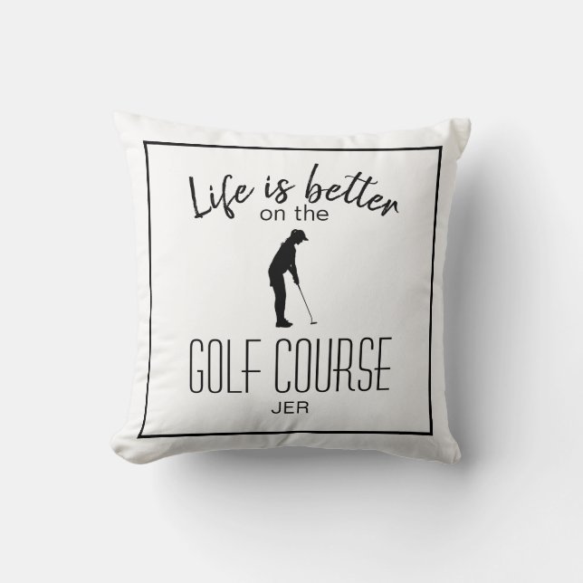 Golfer Sports Quote Monogrammed White & Black Throw Pillow (Front)
