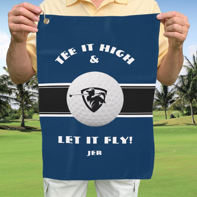 Golfer Tee Funny Pun Monogrammed Sports Pro Blue Golf Towel (Creator Uploaded)