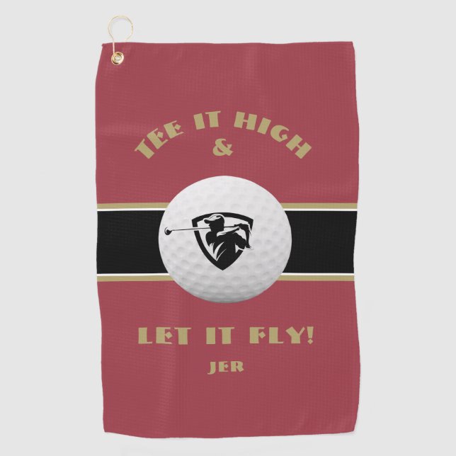 Golfer Tee It High Monogram Sports Red Black Gold Golf Towel (Front)