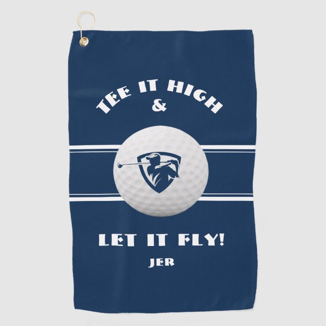 Golfer Tee It High Monogrammed Blue Sports Player Golf Towel (Front)