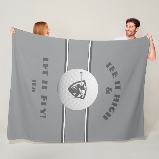 Golfer Tee It High Monogrammed Grey Sports Custom Fleece Blanket (In Situ)