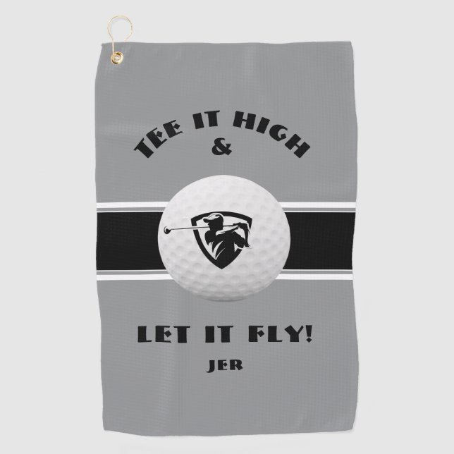 Golfer Tee It High Monogrammed Light Grey Sports Golf Towel (Front)