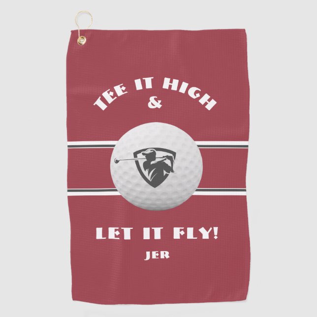 Golfer Tee It High Monogrammed Sports Player Red Golf Towel (Front)