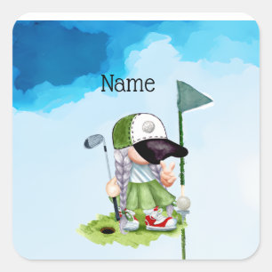 Golfer watercolor on green grass with blue sky sq square sticker