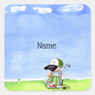 Golfer watercolor on green grass with blue sky square sticker