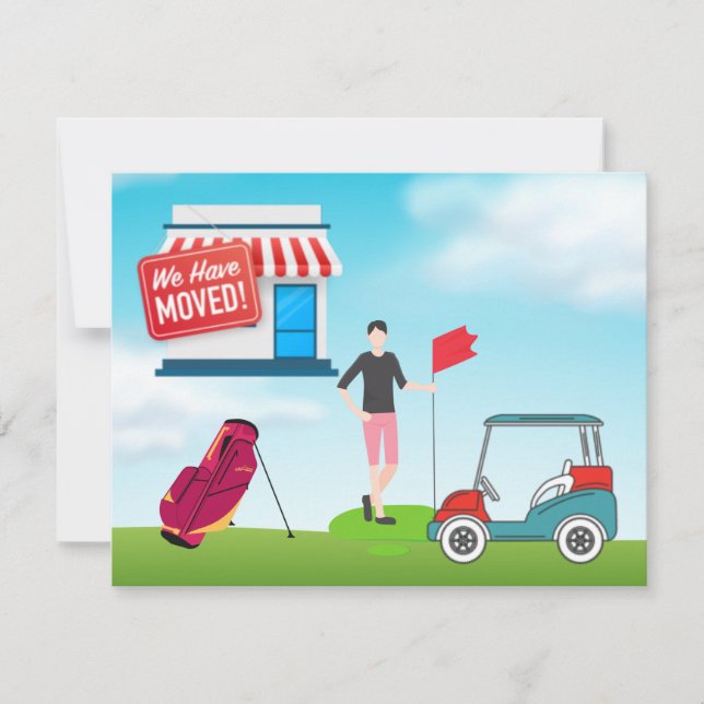 Golfer we have moved with golf cart and bag  announcement (Front)