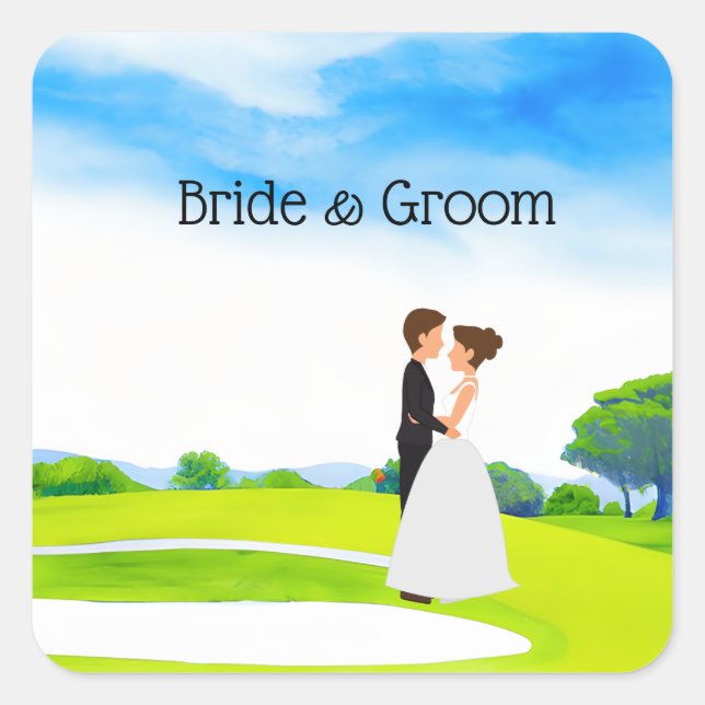 Golfer Wedding Bride and Groom at golf course Square Sticker (Front)