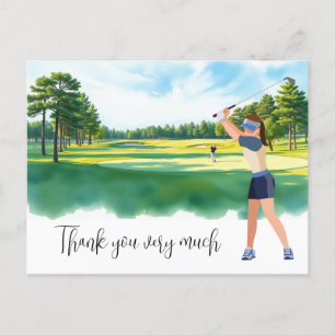 Golfer woman  in golf course watercolor for golfer postcard