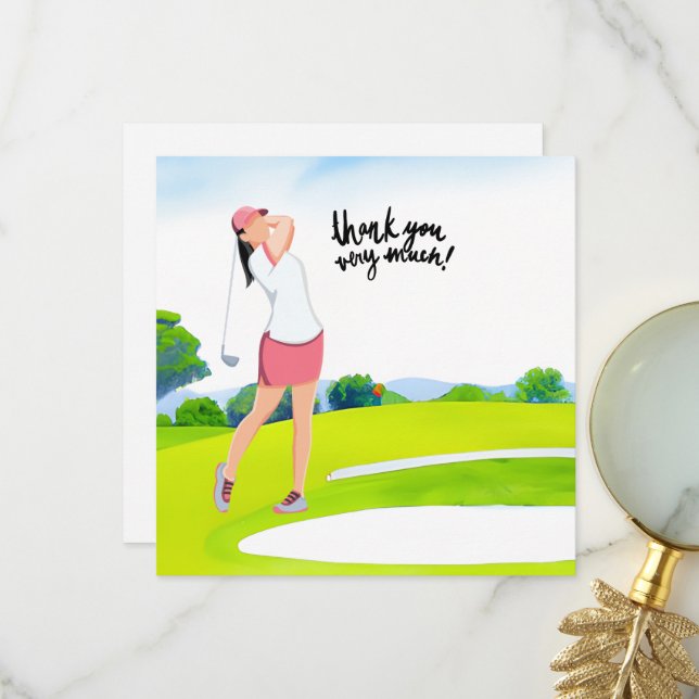 Golfer woman is golfing  thank you card (Front/Back In Situ)