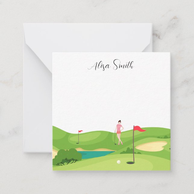 Golfer Woman is on green grass in golf course   Card (Front)