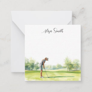 Golfer Woman is on green grass in golf course Card