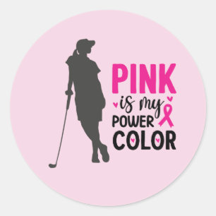 Golfer woman on breast cancer awareness pink    classic round sticker
