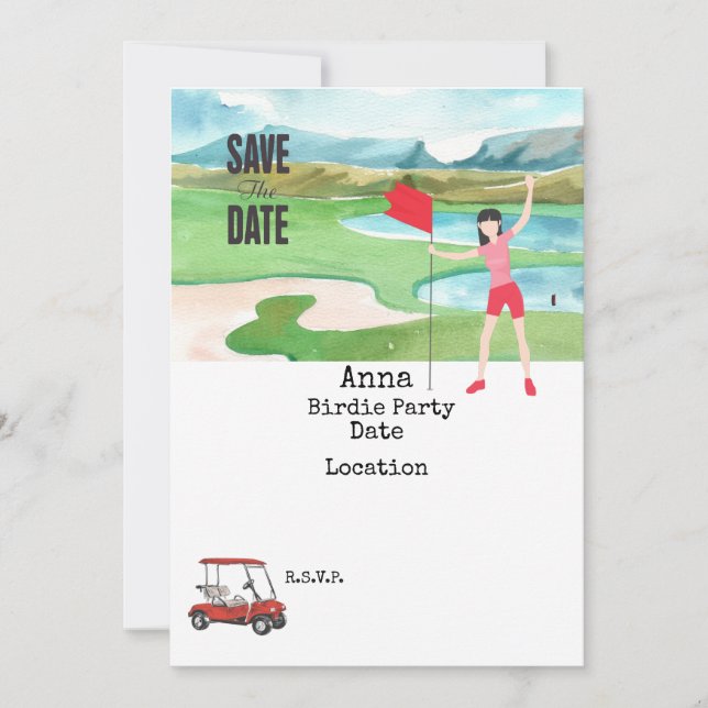 Golfer woman with red golf cart on green save date invitation (Front)