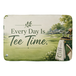 Golfer's bathroom with golf balls and putter bath mat