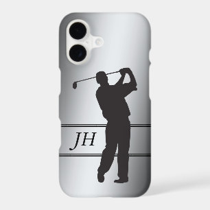 Golfeur en silhouette noire sur monogramme argenté