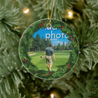 Golfing Christmas Wreath add your photo red Ceramic Ornament