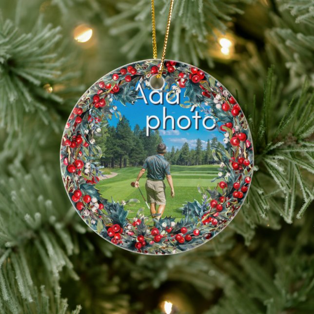 Golfing Christmas Wreath add your photo red Ceramic Ornament (Tree)