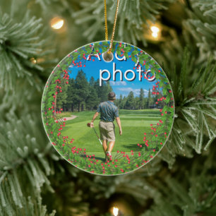 Golfing Christmas Wreath add your photo red Ceramic Ornament