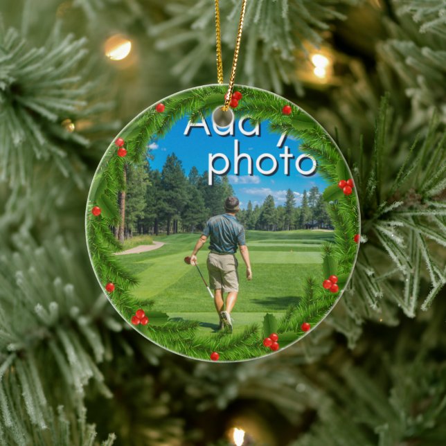 Golfing Christmas Wreath add your photo red Ceramic Ornament (Tree)