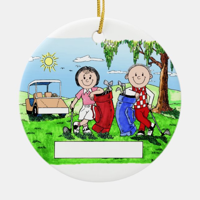 Golfing Couple - Personalized Cartoon Ceramic Ornament (Front)