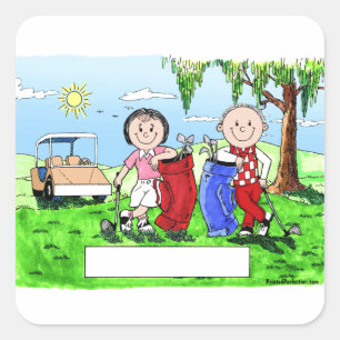 Golfing Couple - Personalized Cartoon Square Sticker