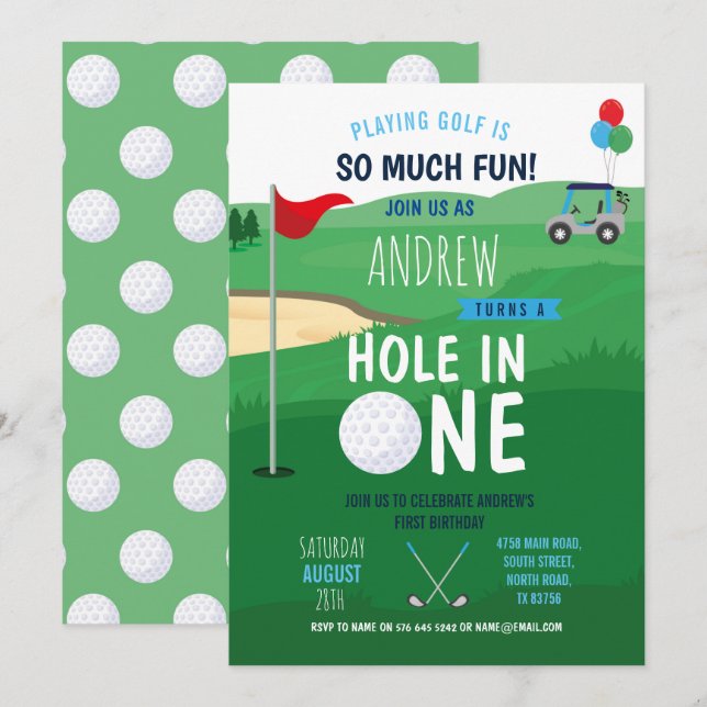 Golfing Hole in One First Birthday Invite Fun (Front/Back)