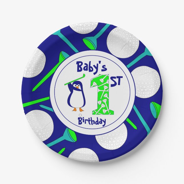 Golfing Penguin Baby's First Birthday Paper Plate (Front)