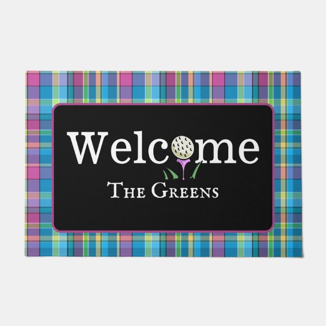 Golfing Purple Turquoise Plaid Welcome Entryway Doormat (Front)